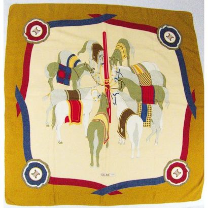 CELINE. Carré en soie « Chevaux » ocre et...