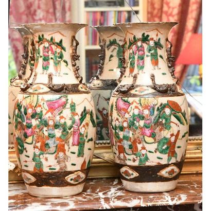 PAIR OF CANTON VASES with cracked background...