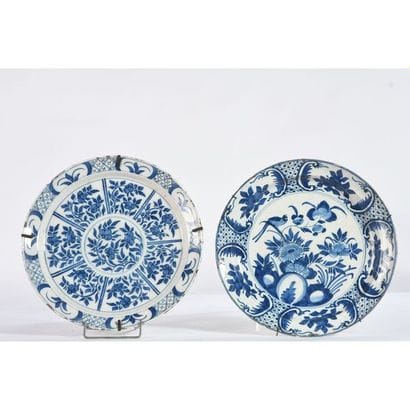 DELFT. 2 PLATES in earthenware with blue...