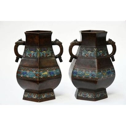 PAIR OF VASES with bronze and enamel handles...