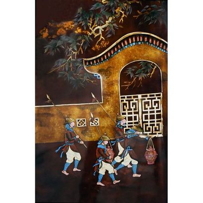Double-sided folding screen with 6 lacquer...