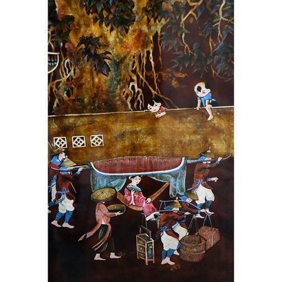 Double-sided folding screen with 6 lacquer...