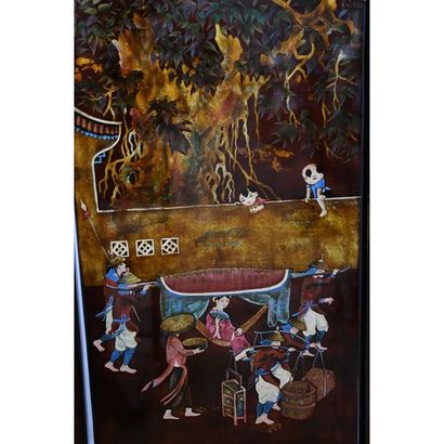 Double-sided folding screen with 6 lacquer...