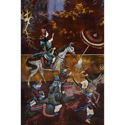 Double-sided folding screen with 6 lacquer...