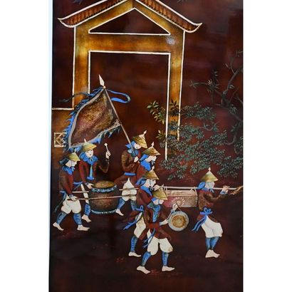 Double-sided folding screen with 6 lacquer...