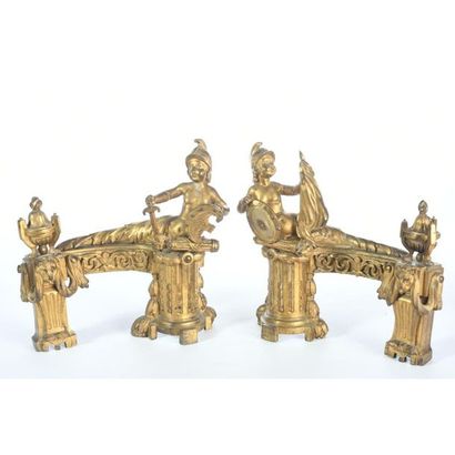 PAIR OF CHENETS LOUIS XVI in gilt bronze...
