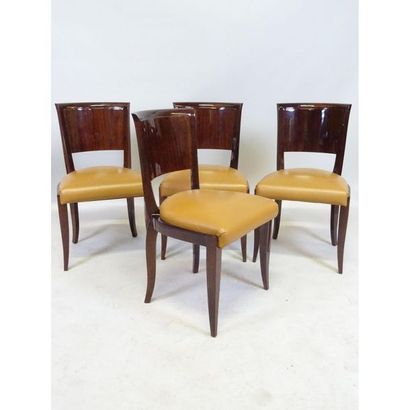 4 CHAISES ART DECO en ébène de Macassar recouvertes...