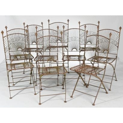 SET OF 10 GARDEN CHAIRS in woven wire. Slightly...