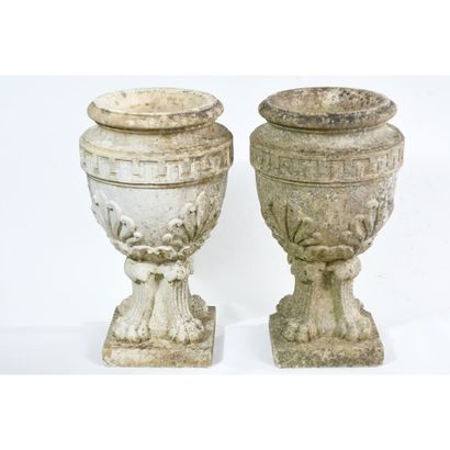 PAIR OF RESTORATION URNS in white Carrara...