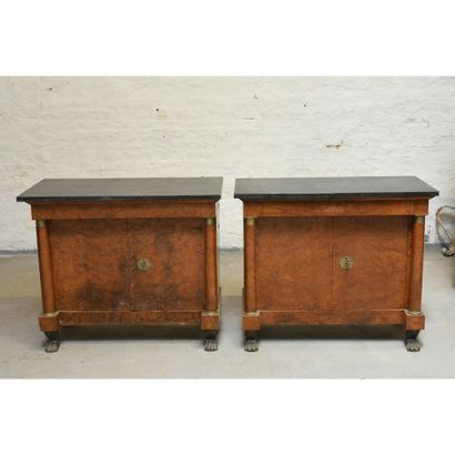 PAIR OF BUFFETS with doors in burled veneer...