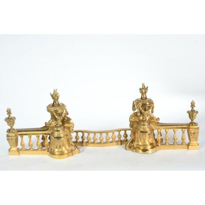 PAIR OF CHENETS WITH FRONT OF CHIMNEY OF...
