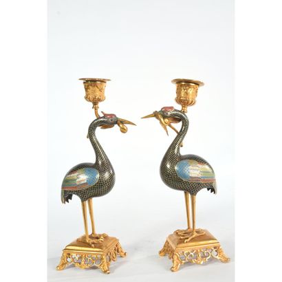 Pair of cloisonné enamel and gilt bronze...