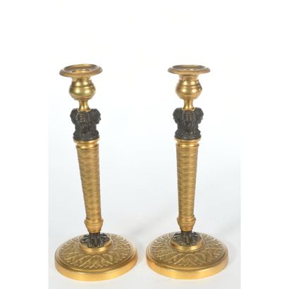 PAIR OF EMPIRE CANDLES in bronze with double...