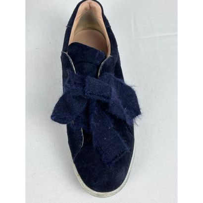 UNÜTZER. Pair of blue suede slippers decorated...