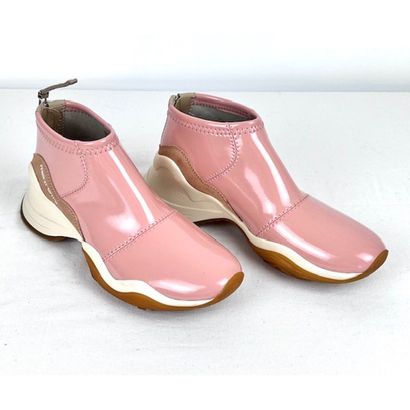 FENDI Roma. Neoprene and pink suede sneakers....
