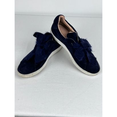UNÜTZER. Pair of blue suede slippers decorated...