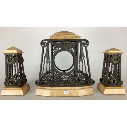 ART DECO CHIMNEY SET in ironwork and onyx....