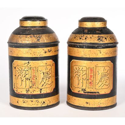PAIR OF TEA POTS in sheet metal with gilded...