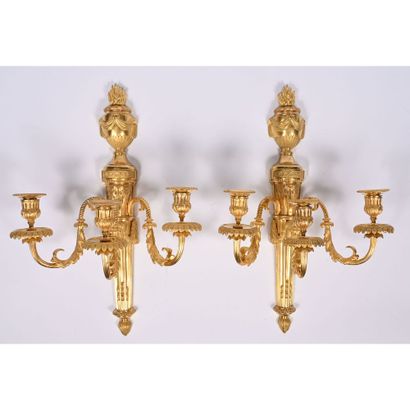 PAIR OF LARGE LOUIS XVI 3-light gilt bronze...