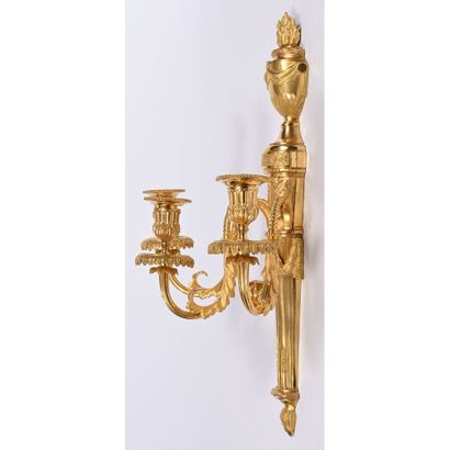 PAIR OF LARGE LOUIS XVI 3-light gilt bronze...