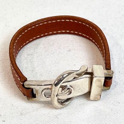 HERMES Paris. Fawn leather and white saddle-stitched...