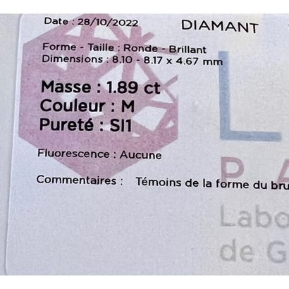 DIAMANT taille brillant de 1ct89 (M-SI1)...