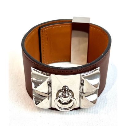 HERMES Paris. Chocolate leather dog collar...