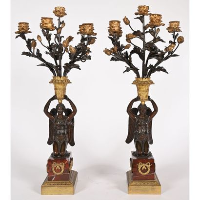 PAIR OF EMPIRE CANDELABRES in bronze with...