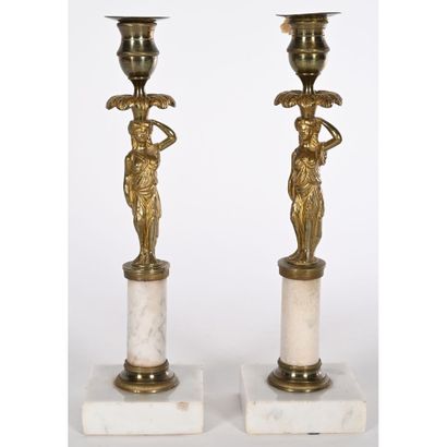 PAIR OF EMPIRE CANDLESTICKS with white marble...