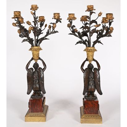 PAIR OF EMPIRE CANDELABRES in bronze with...
