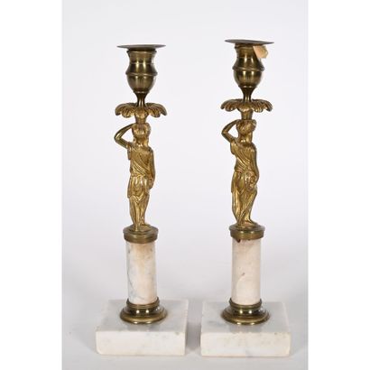 PAIR OF EMPIRE CANDLESTICKS with white marble...