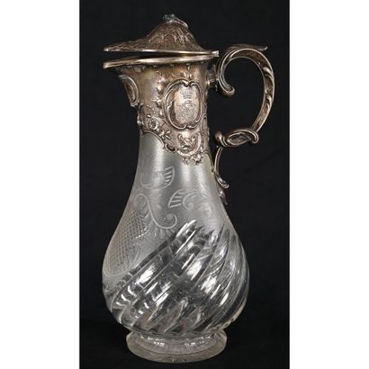 Crystal ewer with twisted ribs. Foreign silver...