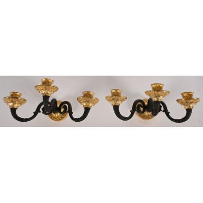 PAIR OF RESTORATION 3-light bronze wall lights...