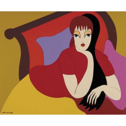 DROMIK (1957-). «Femme au lit rouge ». Huile...