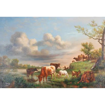 VAES Jan (XXème siècle). «Vaches s'abreuvant...