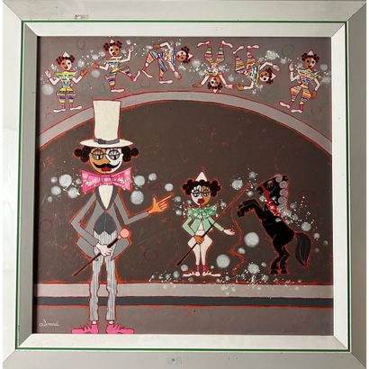 ALVARD (1945-). «L'entree des clowns ». Huile...