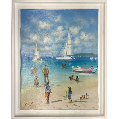 MARIN Gerald (1975-). «Sur la plage ». Huile...