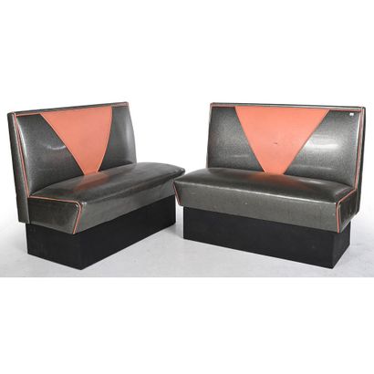 PAIR OF BISTROT BANQUETTES in skai with period...
