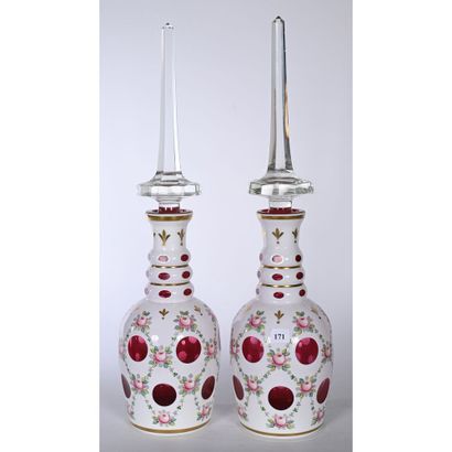 PAIR OF LARGE Bohemian Overlay crystal CARAFES....