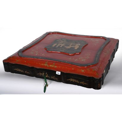 LARGE black and red lacquered wood box with...