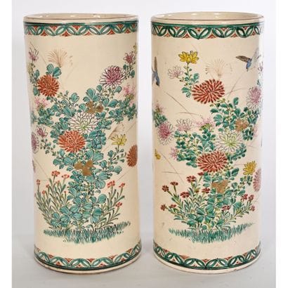 JAPAN. Pair of scroll vases with polychrome...