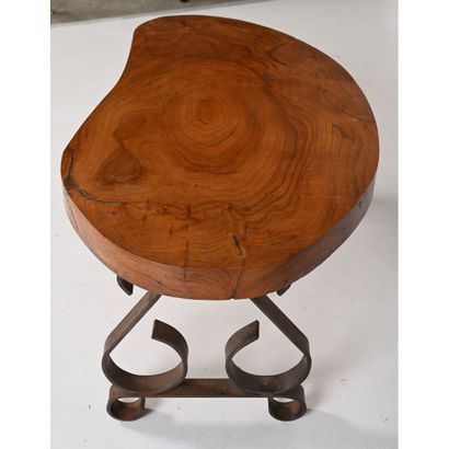 LOW TABLE with olive wood top. Wrought-iron...