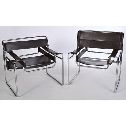 2 WASSILY ARMCHAIRS. Brown leather belt....