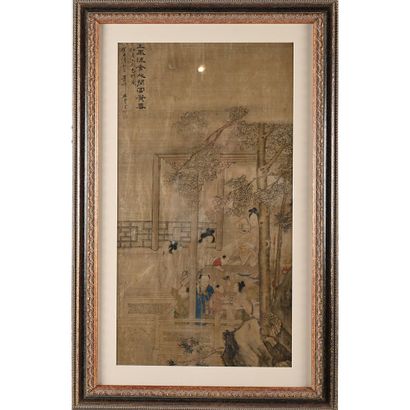 CHINA. Polychrome ink on silk depicting a...