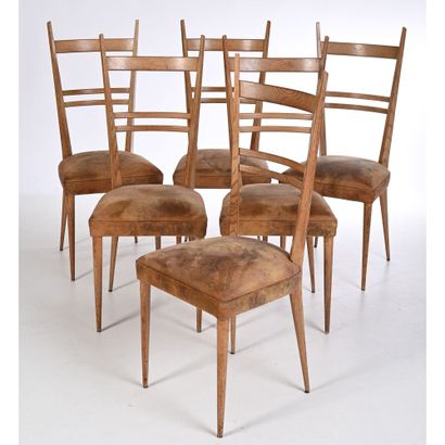 ROSET. 6 CHAISES à haut dossier en frêne...