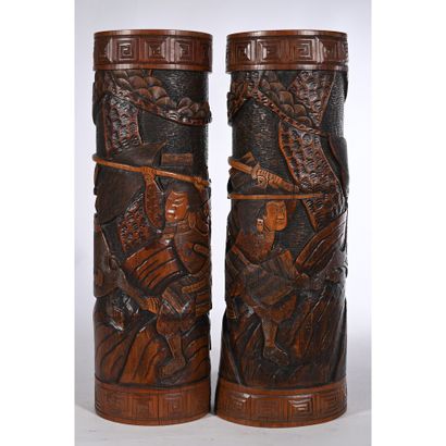 LARGE PAIR OF WOODEN SCROLL VASES depicting...