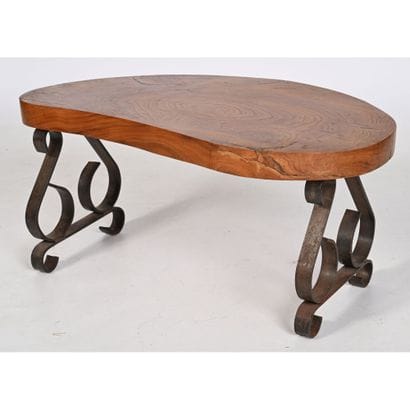 LOW TABLE with olive wood top. Wrought-iron...