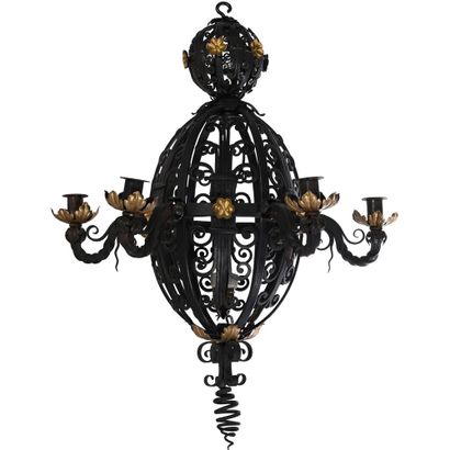 LUSTRE 1940 en fer forgé et tôle dorée en...
