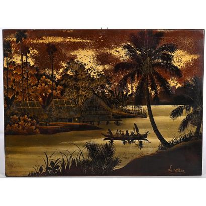A lacquer on wood PANEL depicting a landscape....
