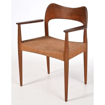 Teak office chair with woven rope seat. Rounded...